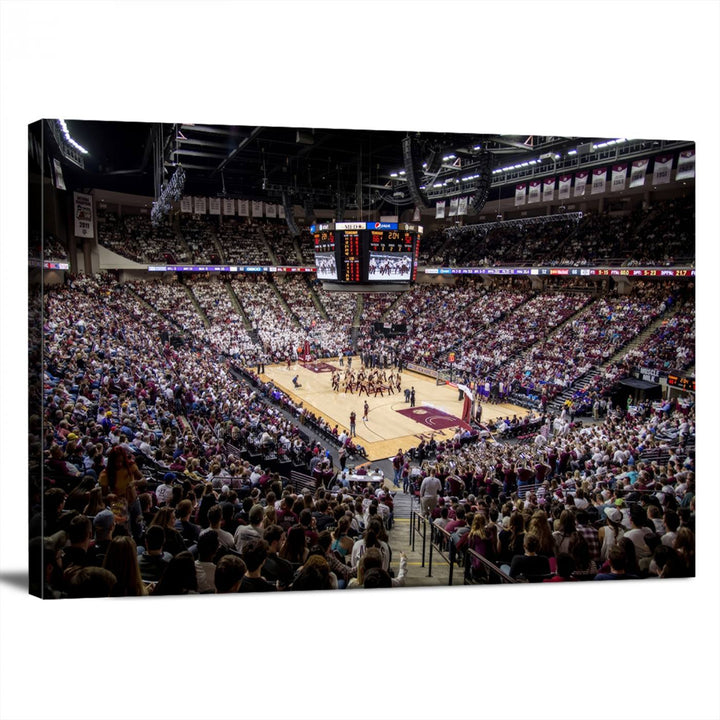 The Nebraska Basketball Arena Wall Art Canvas features an arena filled with Cornhuskers fans and players beneath a scoreboard.