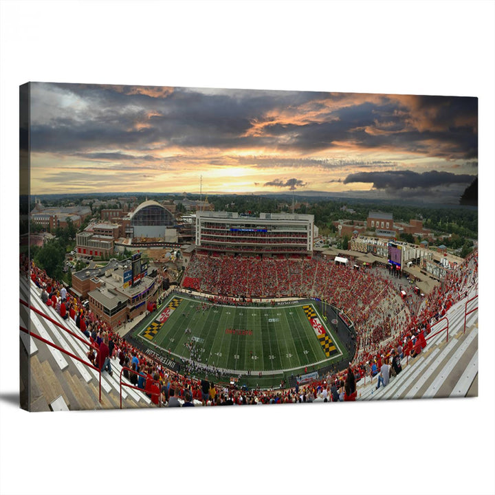 The University of Maryland Terrapins Football Team Print features SECU Stadium at sunset with vibrant skies.