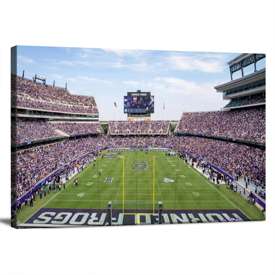 The TCU Horned Frogs print portrays a vibrant Amon G. Carter Stadium, filled with energy and game action.