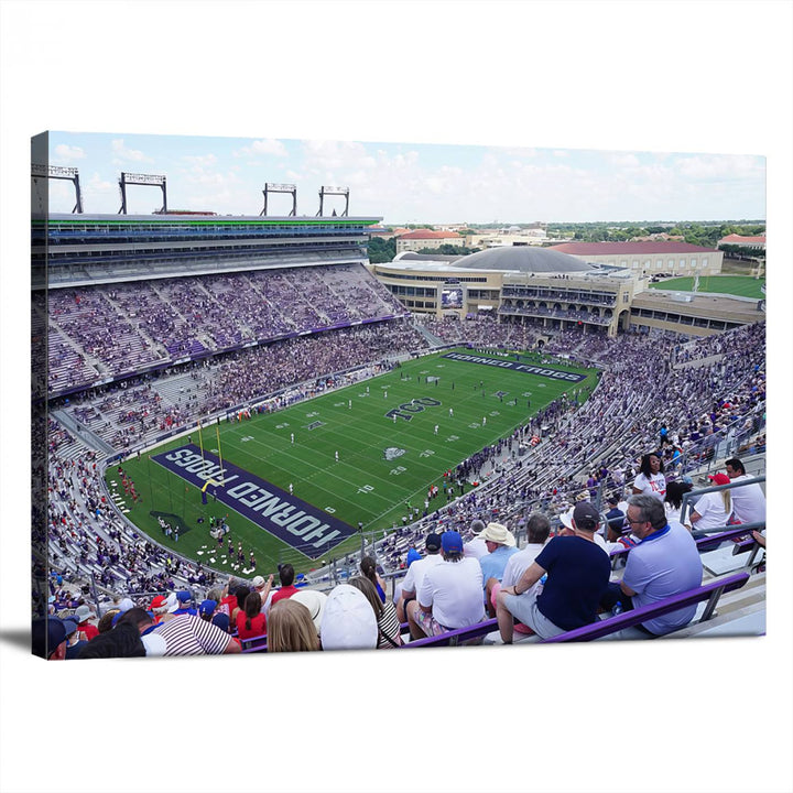 Amon G. Carter Stadium wall art canvas showcasing the TCU Horned Frogs and packed stands at Fort Worth.