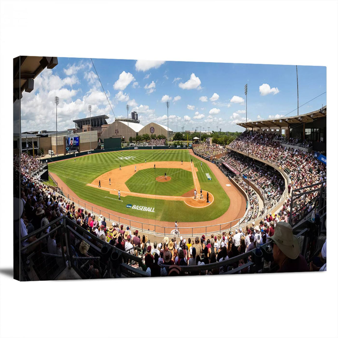 A baseball stadium under a blue sky, capturing the energy of The Texas A&M Aggies Athletics Kyle Field Wall Art.