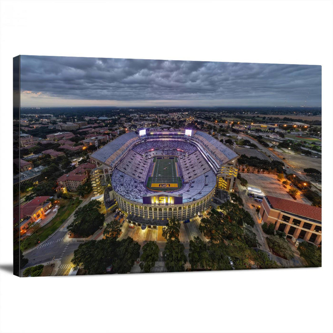 The LSU Tigers Football Team Baton Rouge Tiger Stadium Canvas is displayed prominently, capturing attention with its vivid depiction of the iconic stadium.