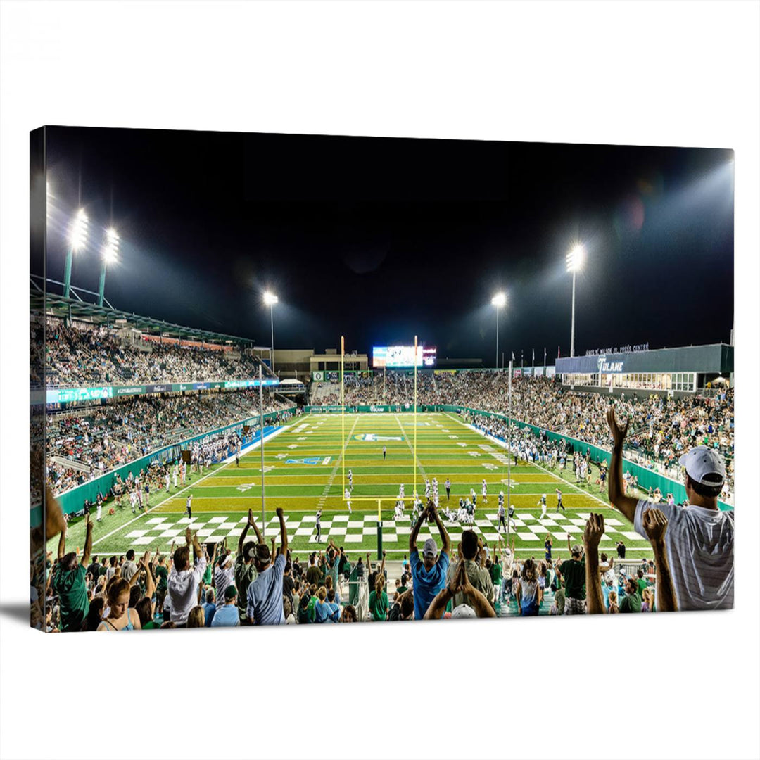 This vibrant wall art canvas print captures the excitement of fans cheering for the Tulane Green Wave Football Team under the lights of Yulman Stadium.