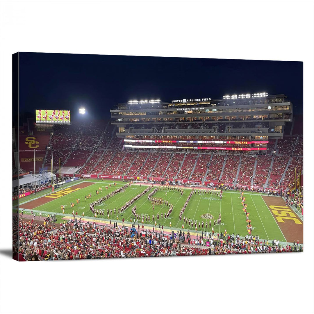 Canvas print depicting a packed stadium at night with a marching band forming USC, celebrating the Trojans at Los Angeles Memorial Coliseum.