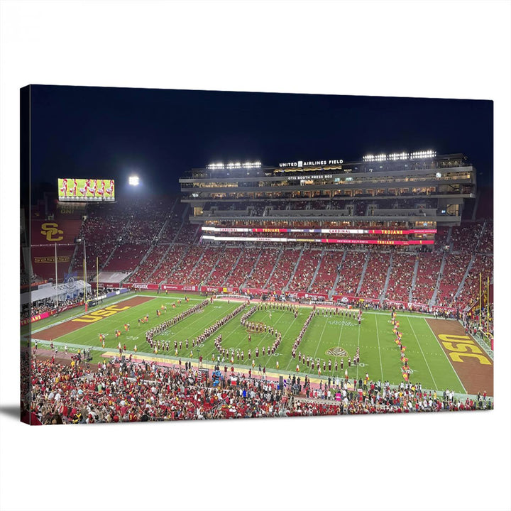 Canvas print depicting a packed stadium at night with a marching band forming USC, celebrating the Trojans at Los Angeles Memorial Coliseum.