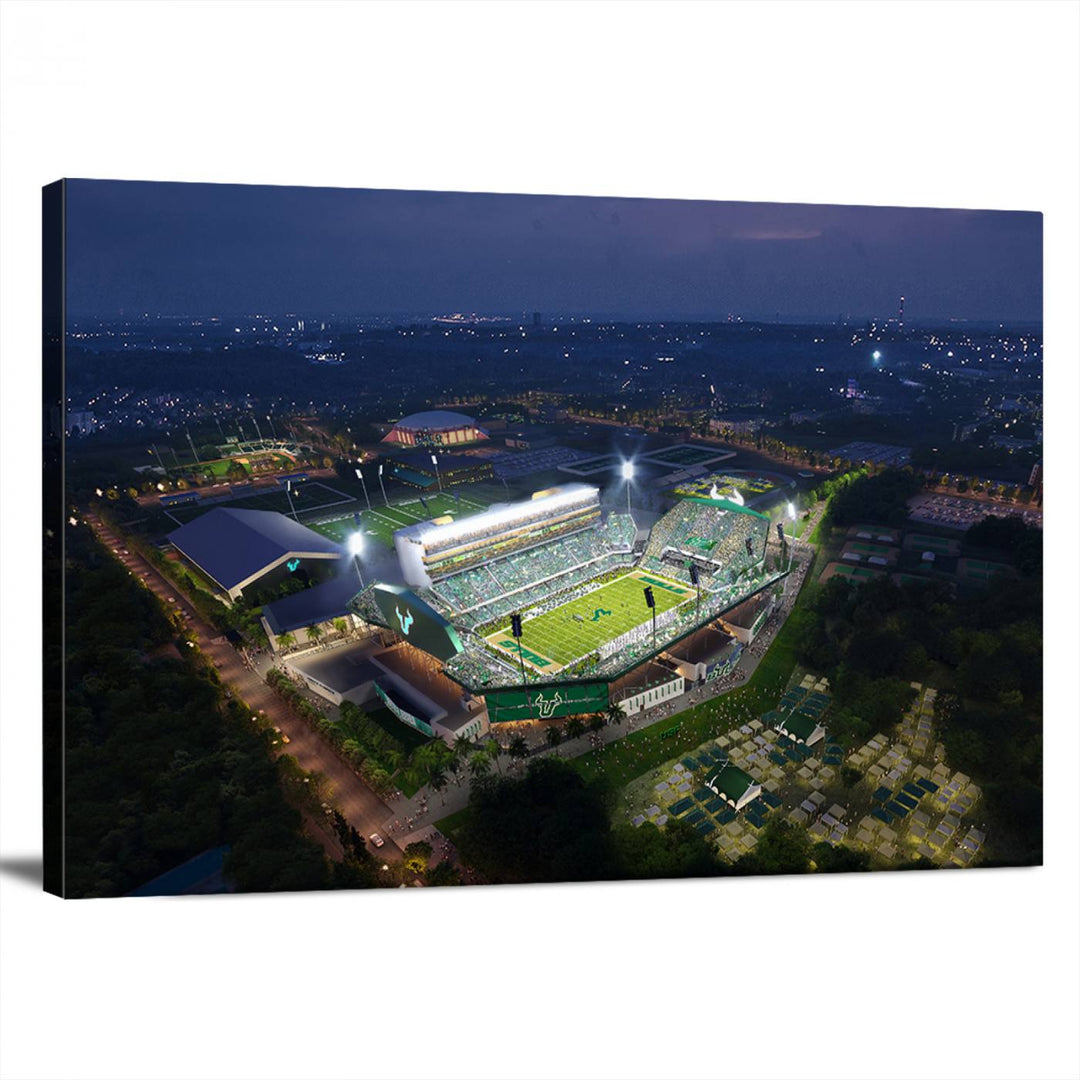 The USF Bulls Football Team Wall Art Canvas Print showcases the Tampa USF Football Stadium at night with city lights.