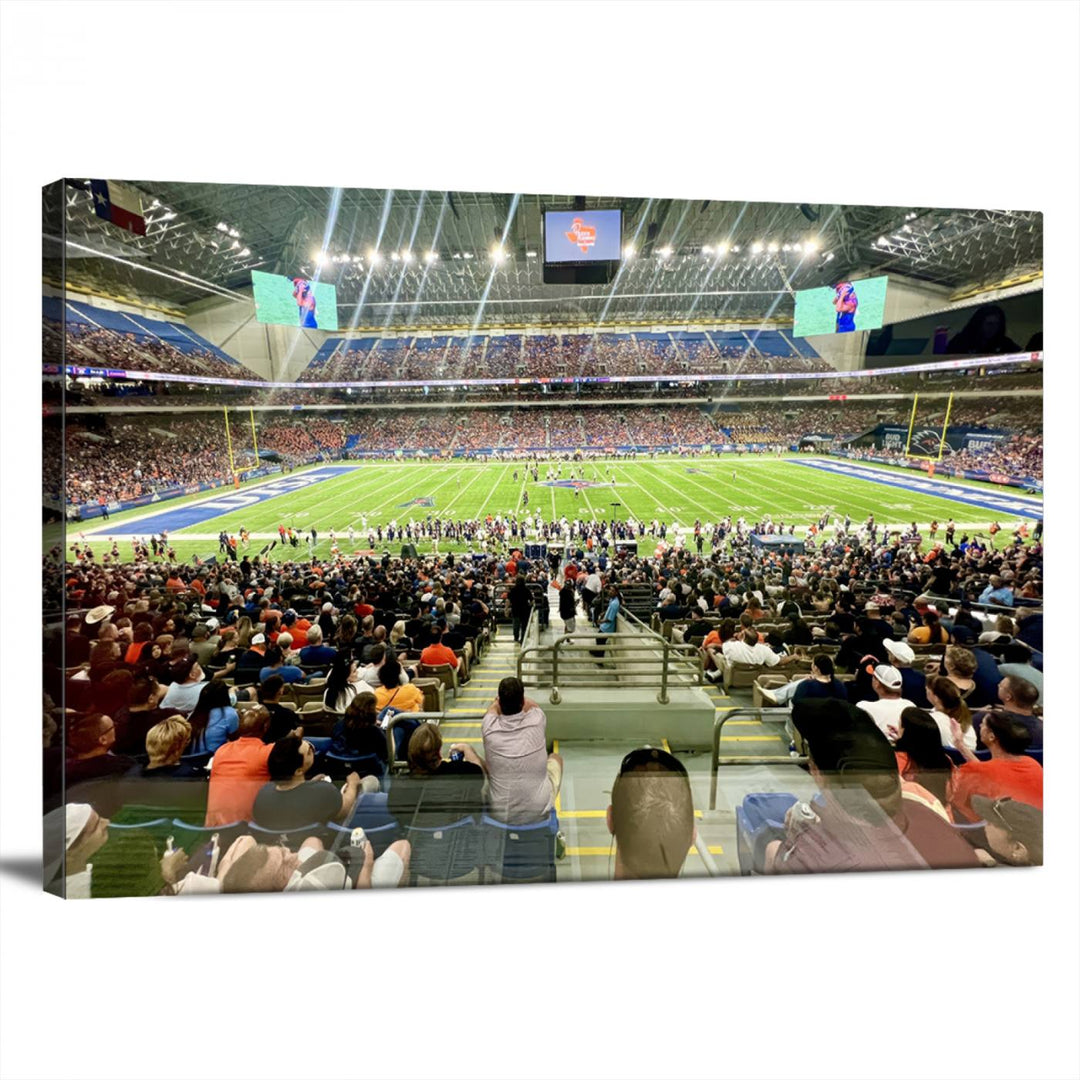 The UTSA Roadrunners Alamodome canvas print hangs in the living room.