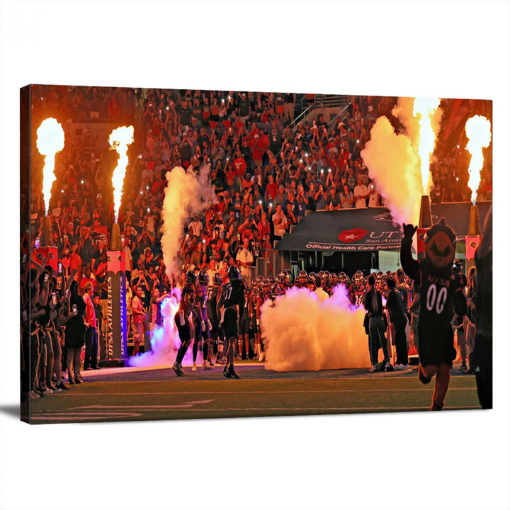 This canvas print captures the UTSA Roadrunners storming the Alamodome under smoke and fire.