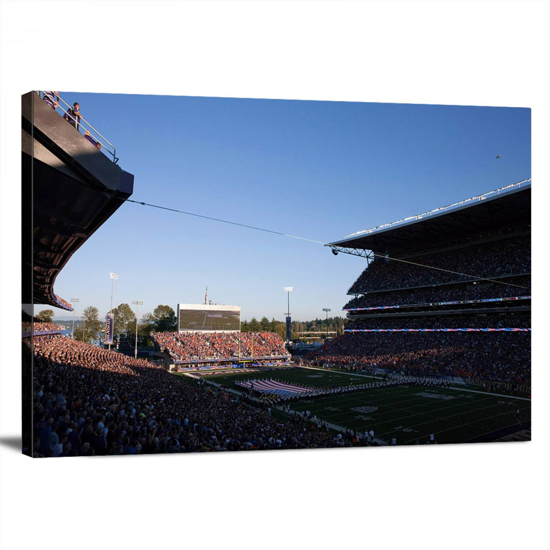 The University of Washington Huskies wall art print depicts Husky Stadium coming alive with fans as flags flutter.