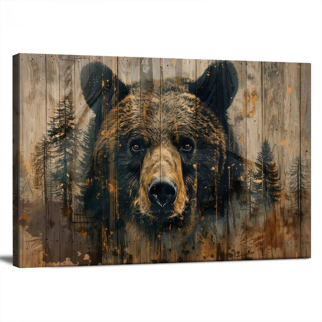 The Abstract 399 Bear Wall Art, featuring a rustic cabin theme with forest design, is framed and ready to hang. It's ideal for lodge, cabin, and barn decor and perfectly complements the nature lover's aesthetic.