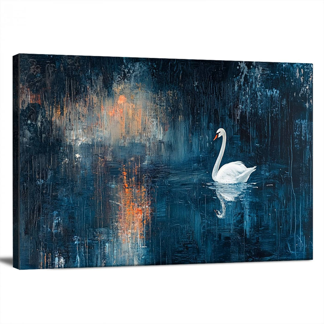 Abstract Swan Wall Art | Moody Blue and Orange Swan Painting on Canvas | Framed and Ready to Hang | Elegant and Modern Art for Living Room or Bedroom Decor