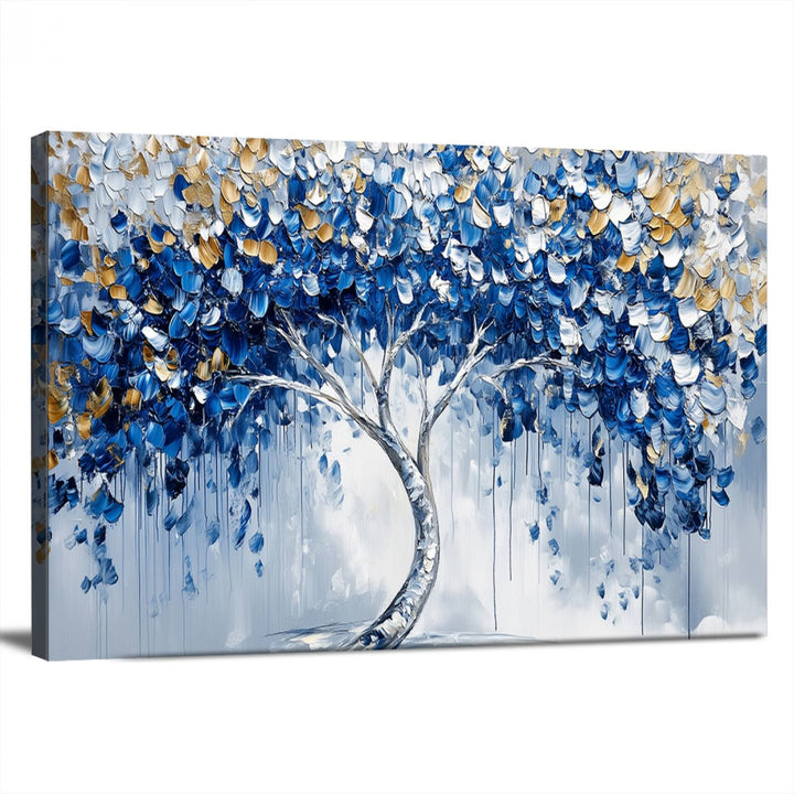 Elegant Blue and Gold Abstract Tree Wall Art | Textured Modern Tree of Life Painting | Framed Canvas Print | Ready to Hang for Dining Room Decor