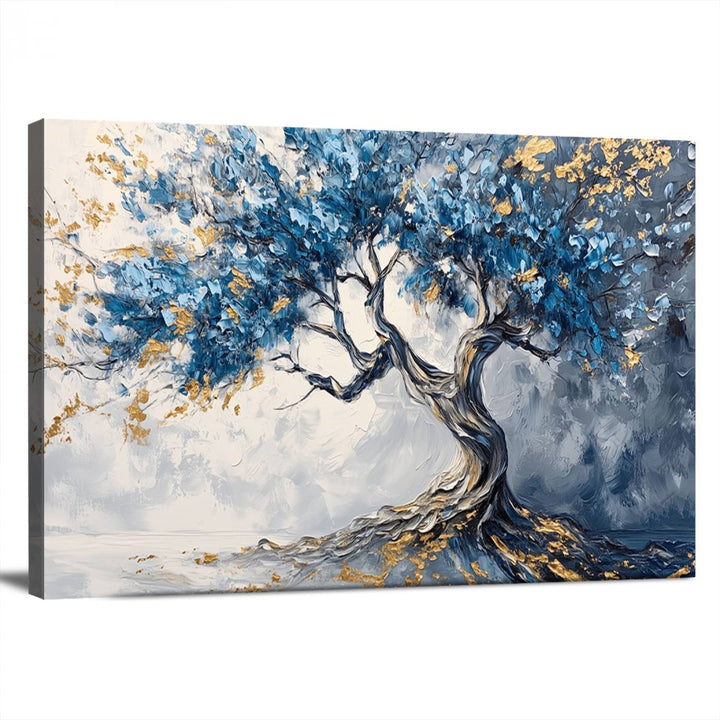 Elegant Abstract Tree Canvas Wall Art | Tree of Life Painting | Textured Art in Blue and Gold | Framed & Ready to Hang for Modern Living Room Decor