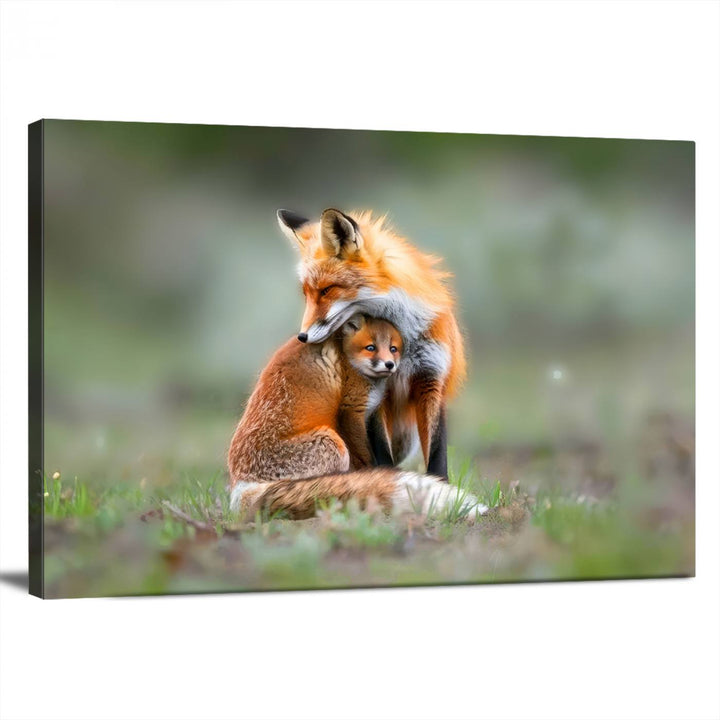 Heartwarming Fox and Baby Cub Wall Art | Ready to Hang Canvas Print of Foxes in Nature | Perfect for Animal Lovers, Rustic Decor, and Cabin Wall Art