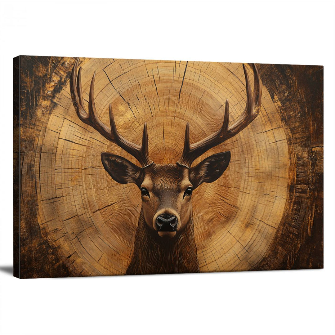 Deer Wall Art Canvas Print | Ready to Hang Canvas Print of a Stag with Rustic Tree Rings | Perfect for Farmhouse Wall Decor, Cabin Wall Art