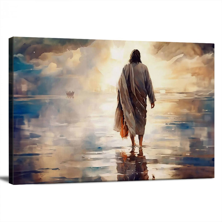 Jesus Walking on Water Wall Art | Ready to Hang Spiritual Triptych Canvas Print | Inspirational Christian Decor for Home or Church