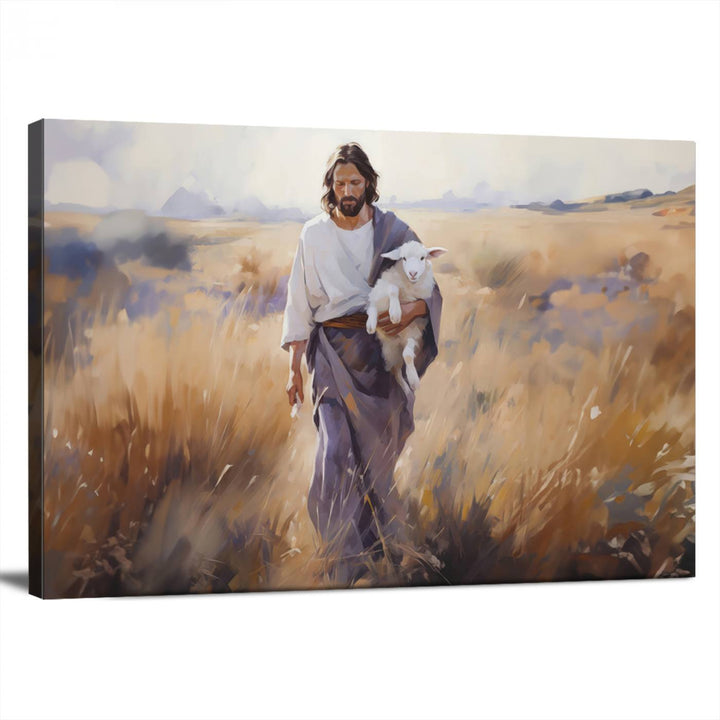 Jesus the Good Shepherd Wall Art Canvas Print - Lost Lamb  Print for Prayer Room Decor