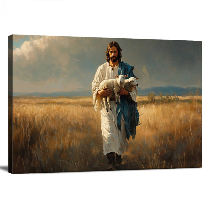 Jesus Shepherd Wall Art | Ready to Hang Triptych Canvas of Jesus Holding a Lamb in a Field | Inspirational Christian Decor for Home