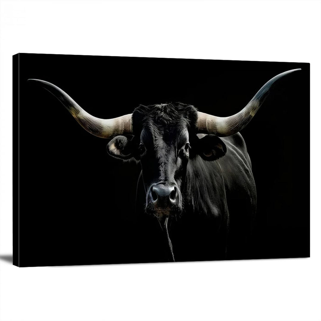 Texas Black Longhorn Bull Wall Art Canvas Print - Western Texas Cattle Rustic Decor Print - Longhorn Cow Wall Art