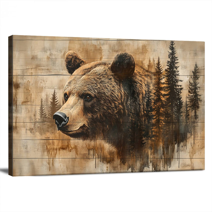 Abstract Rustic Grizzly Bear Wall Art Canvas Print - Woodland Wildlife Forest Print for Farmhouse Decor