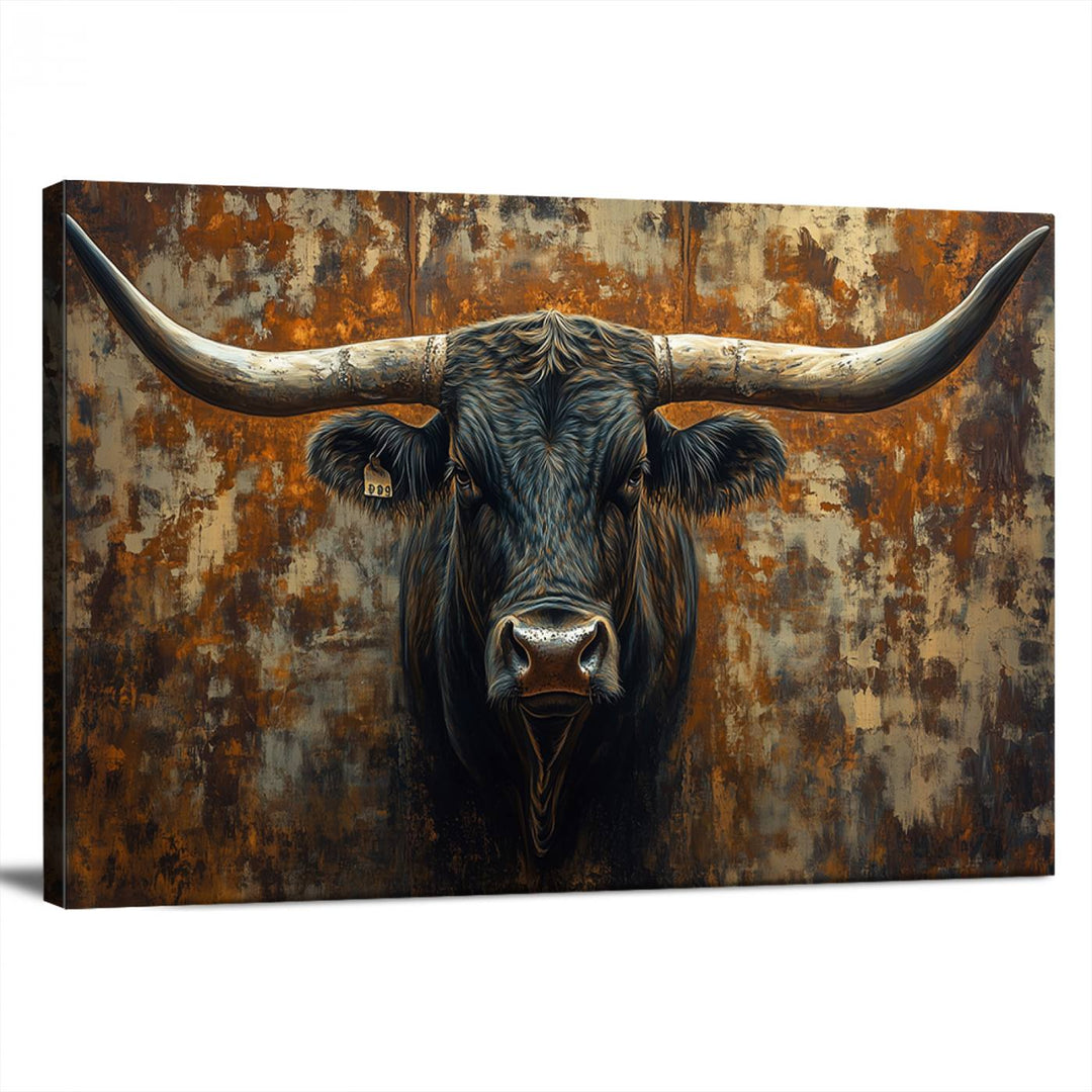 Abstract Longhorn Texas Bull Wall Art | Rustic Farmhouse Canvas Print | Ready to Hang Barn Decor for Farmhouse and Cabin Style