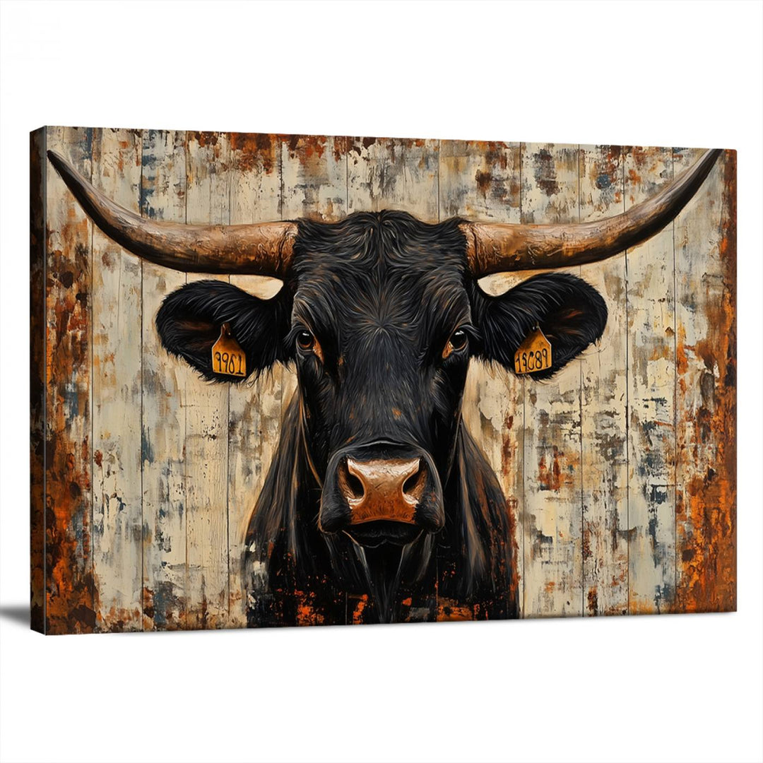 Abstract Cow Longhorn Bull Wall Art Canvas Print - Rustic Texas Western Cattle Artwork