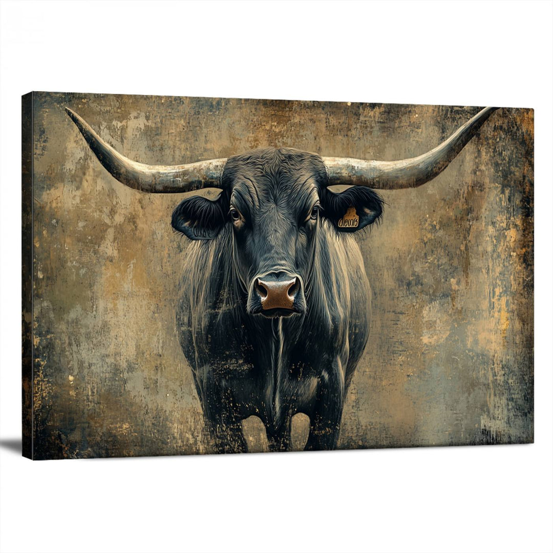 Abstract Cow Longhorn Bull Wall Art Canvas Print - Rustic Texas Western Cattle Artwork