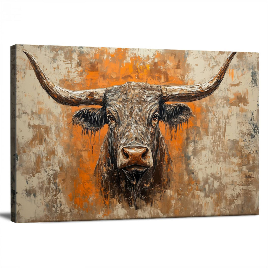 Abstract Cow Longhorn Bull Wall Art Canvas Print - Rustic Texas Western Cattle Artwork