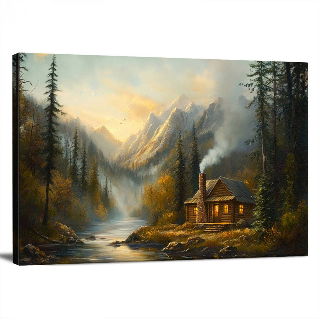 Wood Cabin Retreat Mountain at Sunset Wall Art Print - Serene Forest and River Landscape Wall Art Canvas Print