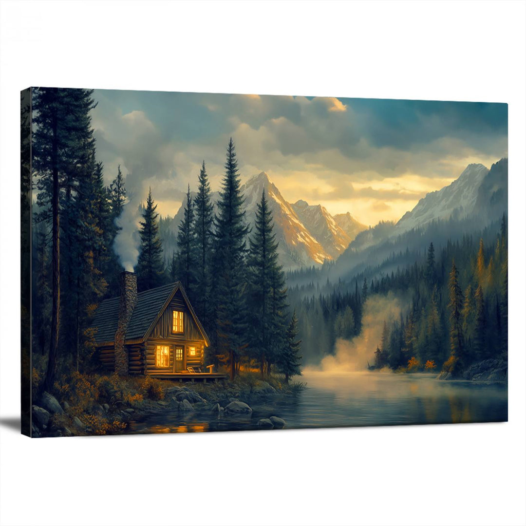 Mountain Cabin by the Lake at Sunset Wall Art - Serene Nature Canvas Print for Living Room Decor, Rustic Lodge Ambiance, 3-Panel Large Wall Art