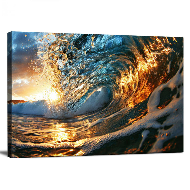 Ocean Wave at Sunset Wall Art | Ready to Hang Triptych Canvas Print | Coastal Wall Art for Living Room | Nautical and Beach House Decor