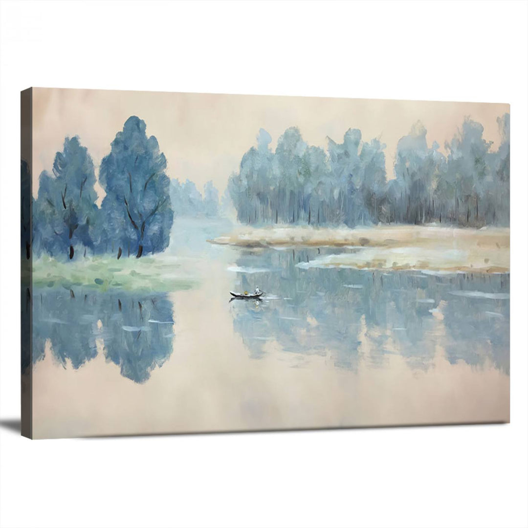 Landscape Printing Lake and Boat Scene | Serene Landscape Wall Art for Nature Lovers | Ready to Hang Triptych Canvas Print | Peaceful Blue Trees and Water Reflection Decor