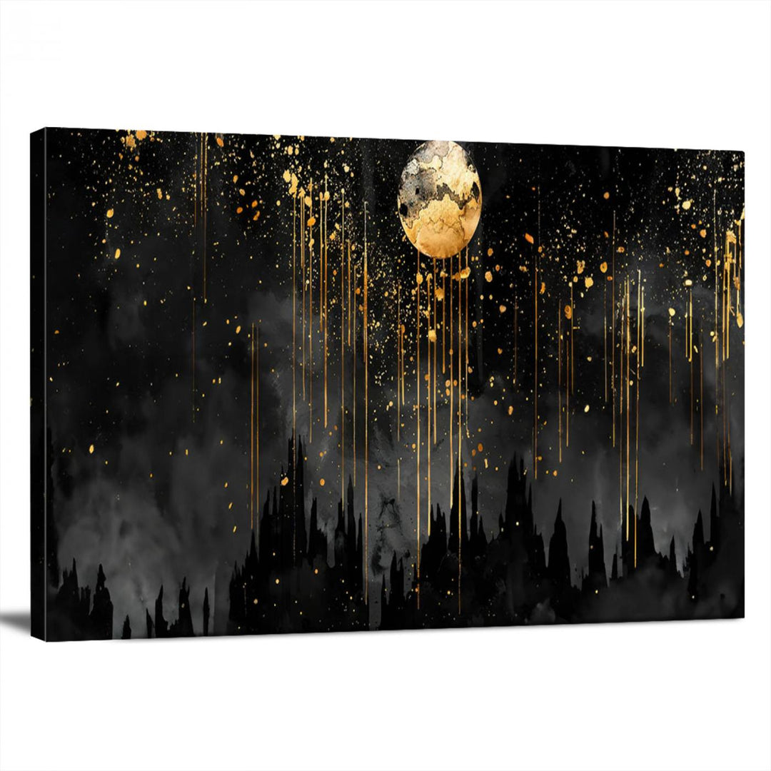 Gold Moon and Black Skyline Abstract Wall Art | Dark Modern Canvas Print with Dripping Gold Accents | Triptych Contemporary Homes