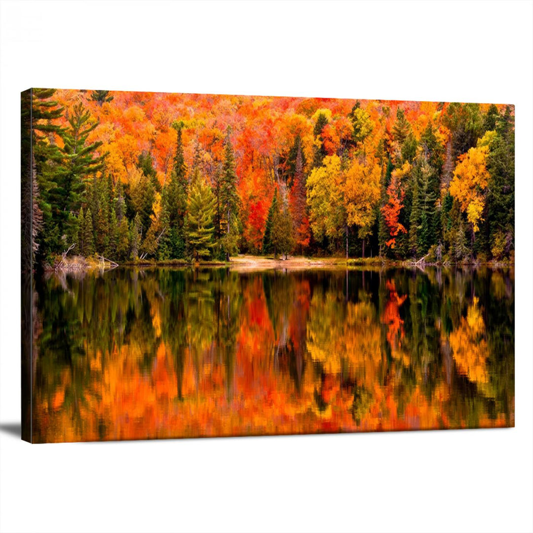 Autumn Forest Reflection Wall Art | Triptych Canvas Print | Vibrant Fall Foliage Wall Decor | Nature-Inspired Cabin Wall Art for Living Room