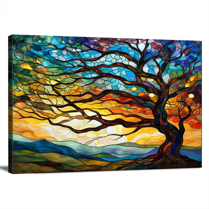 Vibrant Mosaic Tree of Life Wall Art | Stained Glass Style Canvas Print | Ready to Hang Artistic Decor