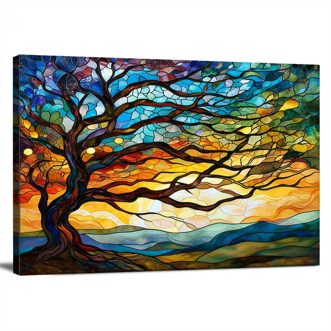 Mosaic Tree Wall Art | Ready to Hang Stained Glass Style Canvas Print | Farmhouse Wall Decor, Cabin Wall Art, and Unique Nature Home Decor