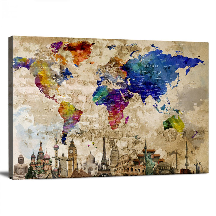 Framed World Map Canvas Print with Landmarks | Multi-Panel Wall Art | Ready to Hang Decor for Living Room, Office | Global Travel Wall Art | Vibrant Landmark Design