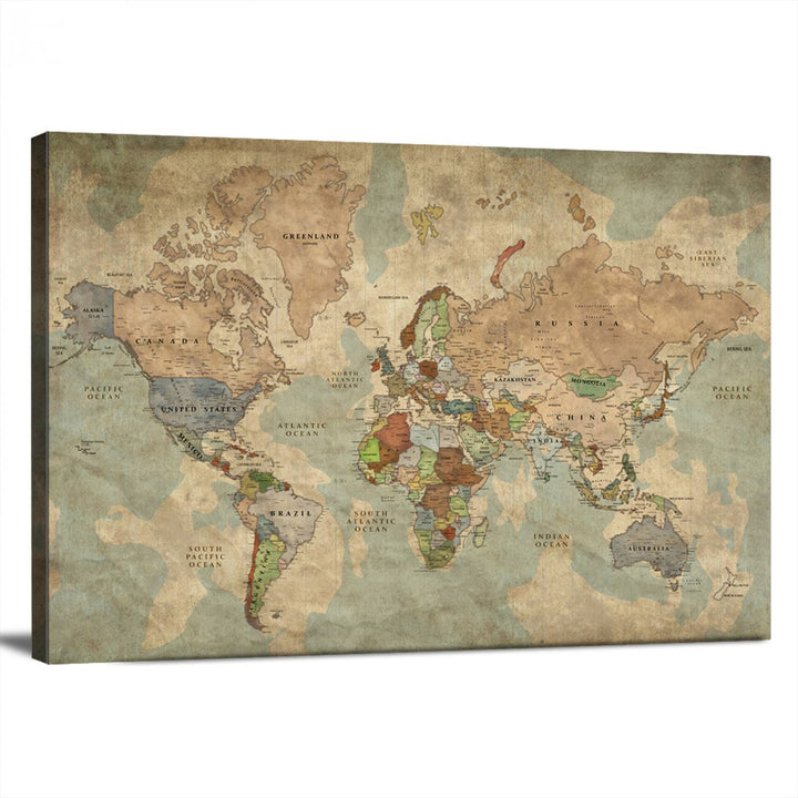 Vintage World Map Canvas Wall Art – Antique Triptych Map Print – Rustic Global Decor for Living Room or Office – Ready to Hang