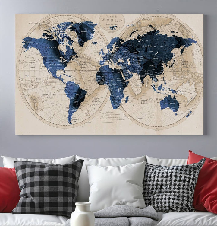 Vintage Triptych Map Print - Antique World Map Canvas Wall Art – Vintage Triptych Blue and Beige Map Print