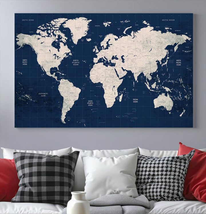 Large modern world map wall art canvas print in beige and navy; showcases a 3-panel vintage map design and is ready to hang.