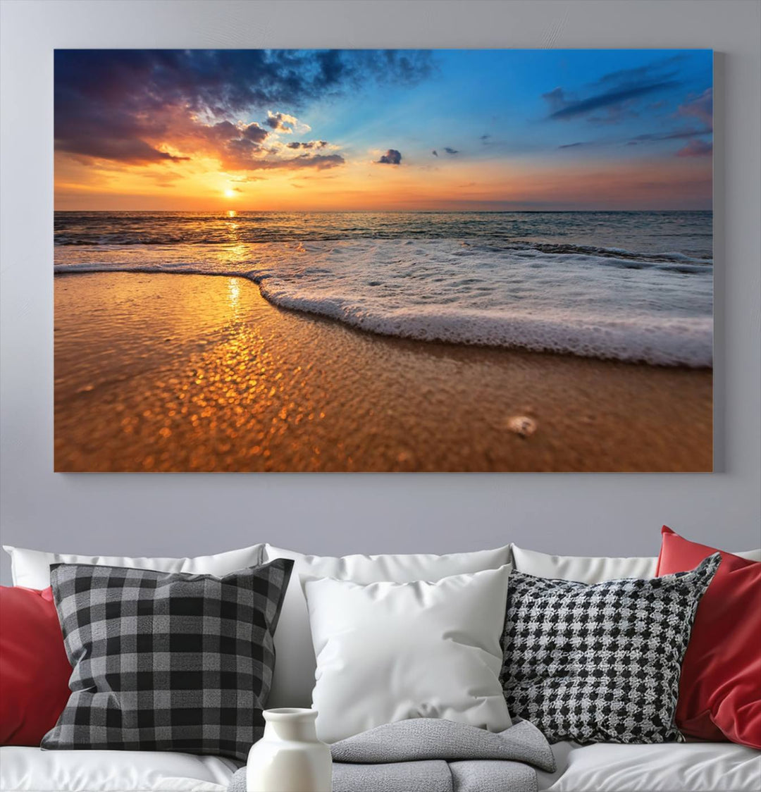 The Golden Sunset Beach Waves Triptych adds a modern coastal touch with its stunning seascape.