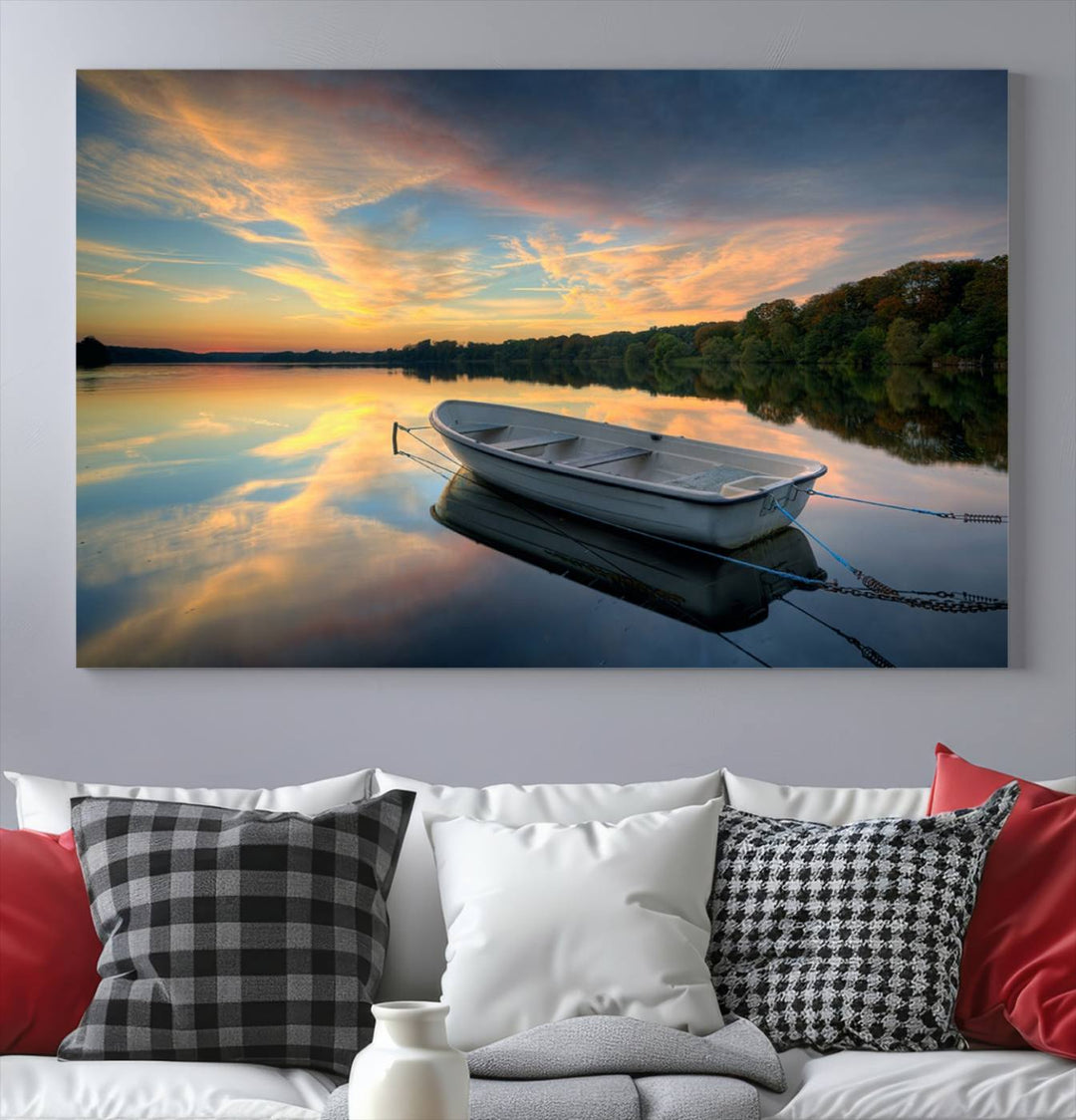 Serene Rowboat on Calm Lake Triptych Canvas Art, Giclee Wall Art of Peaceful Sunset Reflections, Tranquil Landscape Wall Art for Home or Office