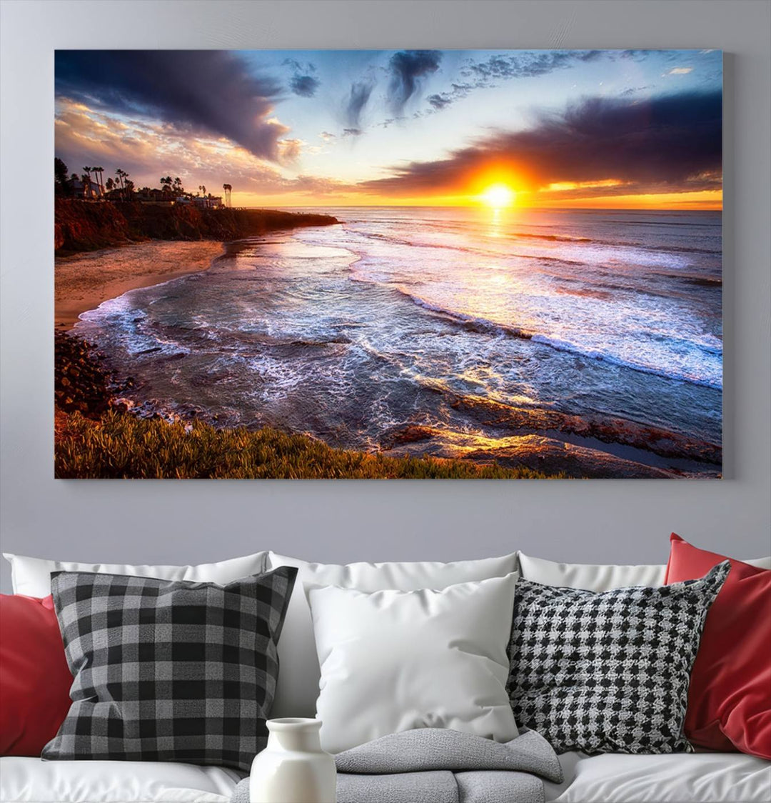 California Coastline Sunset Canvas Art, Ocean Waves Crashing on Cliffs, Giclee Canvas Print for Beach House Decor