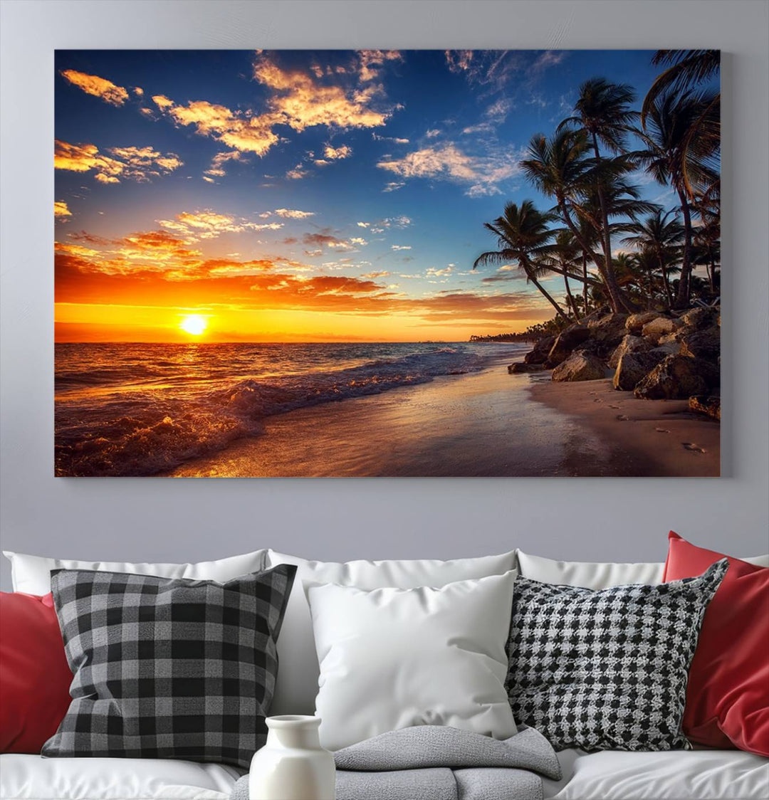 Tropical Beach Sunset Canvas Art, Palm Trees and Ocean Waves Wall Art, Giclee Print for Coastal Home Decor