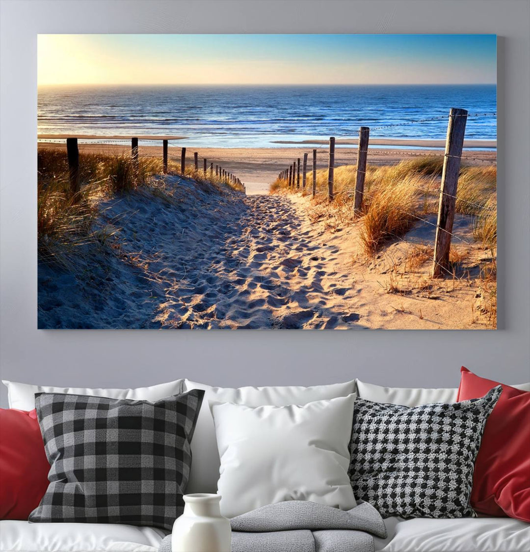 Tropical Beach Sunset Canvas Art, Ocean Waves and Sandy Shoreline Wall Art, Large Beach Decor for Coastal Homes