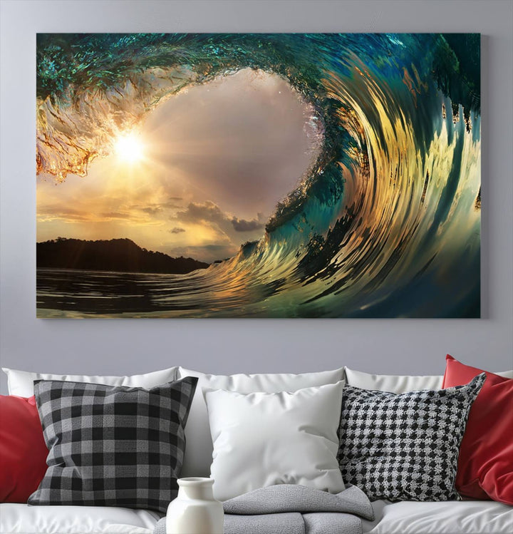 Surfing Big Wave on Ocean Canvas Wall Art Beach Canvas Sunset Artwork Print para sala de estar, decoración de la oficina en el hogar, arte de la pared de la playa, arte de la pared del mar