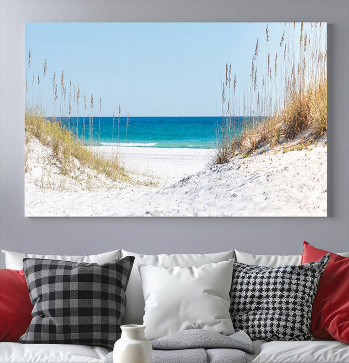 Serene Coastal Dune Path with Ocean View, 3-Panel Beach Canvas Art; tranquil seascape for coastal decor.