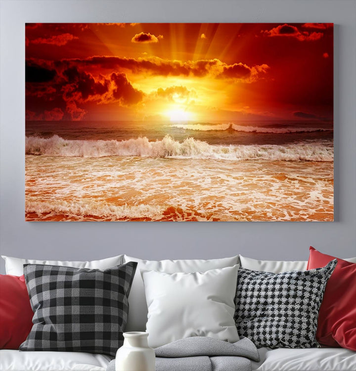 The Red Sunset Ocean Beach Canvas depicts ocean waves.