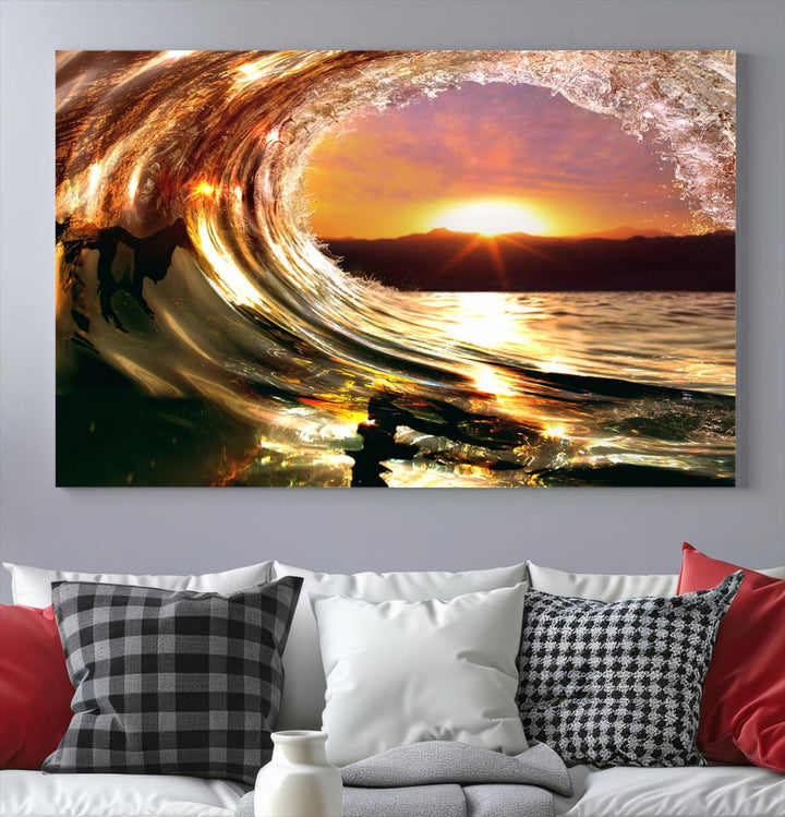 The Golden Wave Sunset Triptych Canvas Art showcases an ocean wave at sunset, casting warm light.