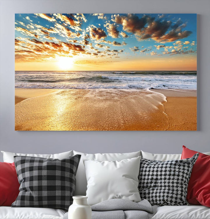 A Golden Sunset Beach giclee triptych canvas hangs prominently.